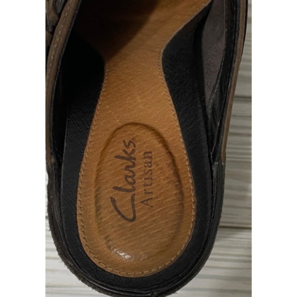 Clarks Artisan Brown Leather Heeled Mules 7.5M Platform Shoes 2" Chunky - Picture 4 of 11